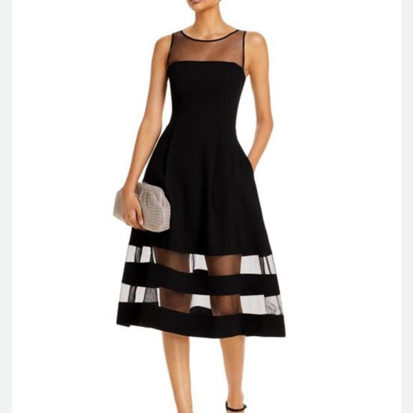 ADRIANNA PAPELL CREPE AND MESH ILLUSION MIDI FIT-FLARE COCKTAIL DRESS IN BLACK - Picture 3 of 13